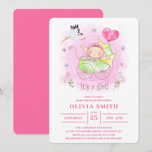 Convites É uma menina Aguarela Bebê Menina no Carrinho de B (Frente/Verso)