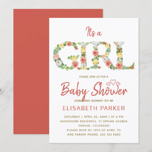 Convites É uma MENINA alfabeto floral script chá de bebê