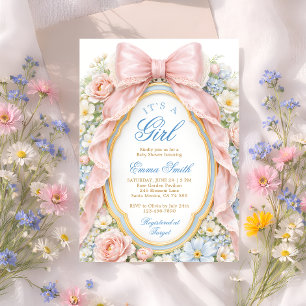 Convites É uma Menina Arco Floral Rosa Coquette Chá de Bebê