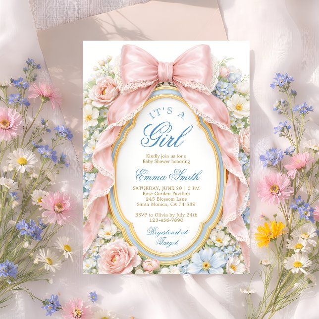 Convites É uma Menina Arco Floral Rosa Coquette Chá de Bebê (Criador carregado)