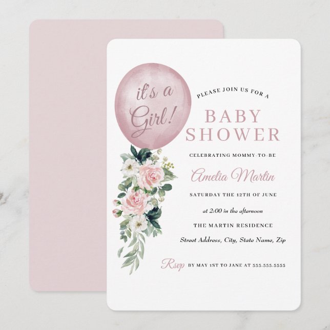 Convites É uma Menina Balão Baby Shower Rosa (Frente/Verso)