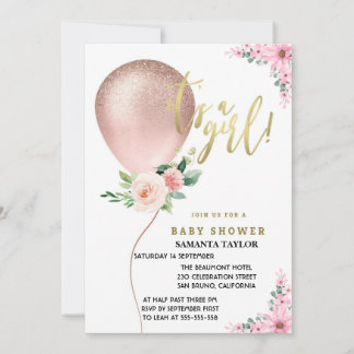 Convites É Uma Menina! Balão Rosa Floral Celebração