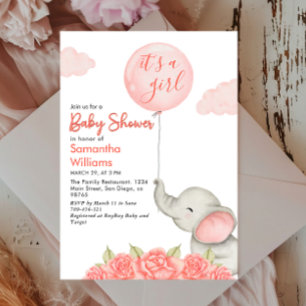 Convites É uma menina Chá de Bebê Elefante Floral Rosa