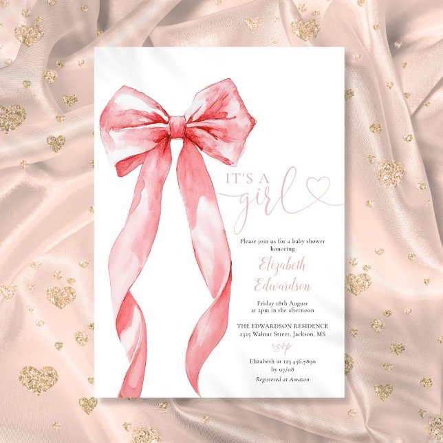 Convites É Uma Menina Chuveiro de Bebê Arco Rosa Elegante (Its A Girl Elegant Pink Bow Baby Shower Invitation)