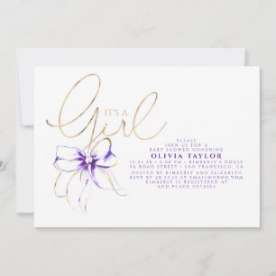Convites É uma Menina Chuveiro de Bebê Elegante Roxo e Dour