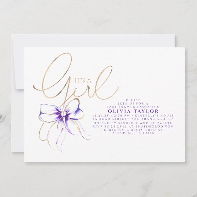 Convites É uma Menina Chuveiro de Bebê Elegante Roxo e Dour (Frente)