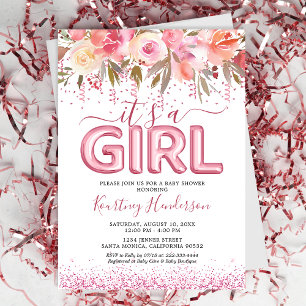 Convites É uma menina Chuveiro de Bebê Flor Rosa