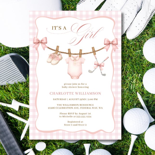 Convites É uma Menina Chuveiro de Bebê Roupas de Golfe Rosa (It's a Girl Pink Golf Clothesline Baby Shower Invitation)