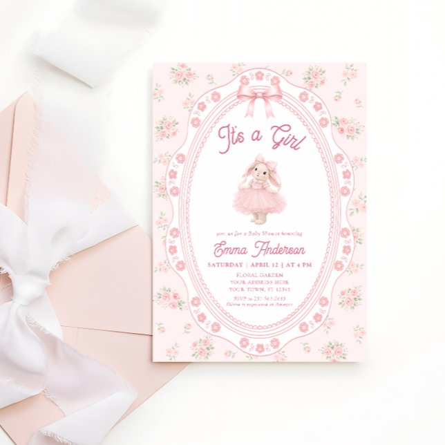 Convites É uma Menina Coelhinha Rosa Chuveiro de Bebê (Criador carregado)