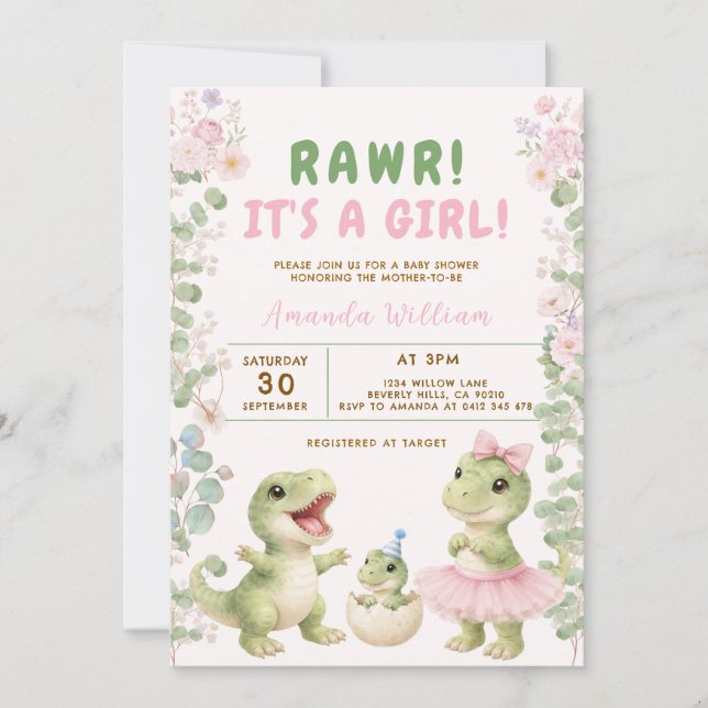 Convites É uma Menina Dinossauro Chá de Bebê (Frente)