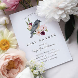 Convites É uma menina Flores de aquarela rosa e passarinho