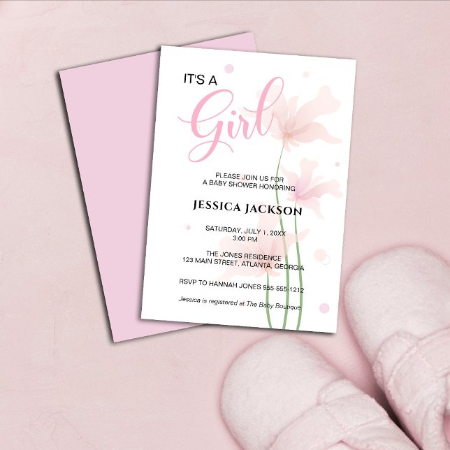 Convites É uma Menina Flores Rosa Suave  (Criador carregado)
