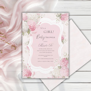 Convites É uma Menina Hidrangea Rosa Floral Elegante Bebê
