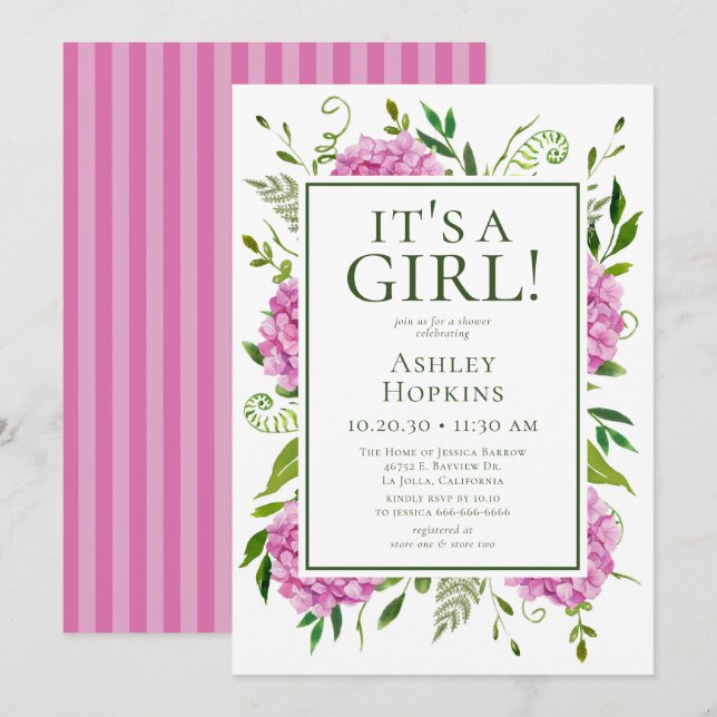 Convites É uma menina Hortênsias Rosa Chás de Bebê  (Frente/Verso)