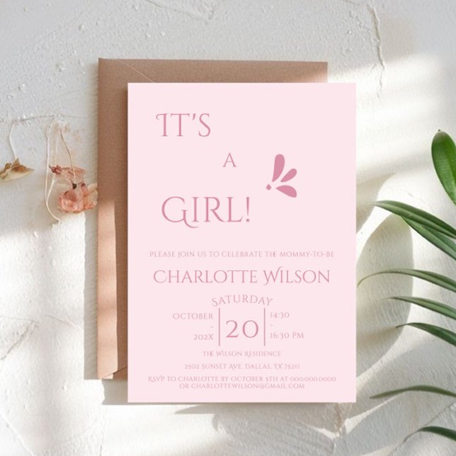 Convites É uma menina! Minimalismo Rosa Pastel Chamada de B (Criador carregado)