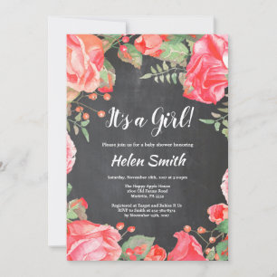 Convites É Uma Menina Quadro de Giz Floral Vermelho para Ch