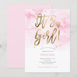 Convites É uma menina, rosa, aquarela, Chá de menina