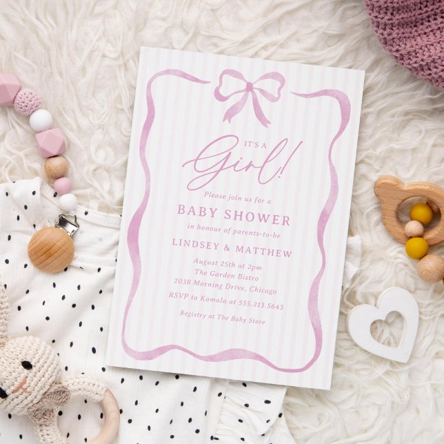Convites É uma Menina Rosa Festa de Bebê com Laço (pink baby shower invitation for girls with watercolor ribbon and bow)