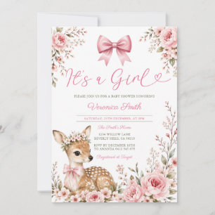 Convites É uma Menina Rosa Floral Veado Floresta Chá de Beb