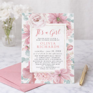 Convites É Uma Menina Rosa Poeirento Floral Chave de Bebê F