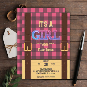Convites É uma menina Rustic Lumberjack Flannel Chá de fral