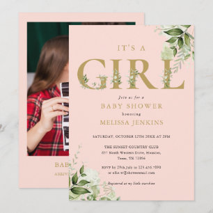 Convites É Uma Menina Verde Rosa Dourado Foto Chá de Bebê