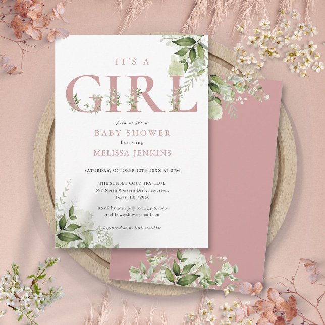 Convites É uma menina. Verdura Rosa Poento Carta Chuvada de (Its A Girl Greenery Dusty Rose Letter Baby Shower Invitation)