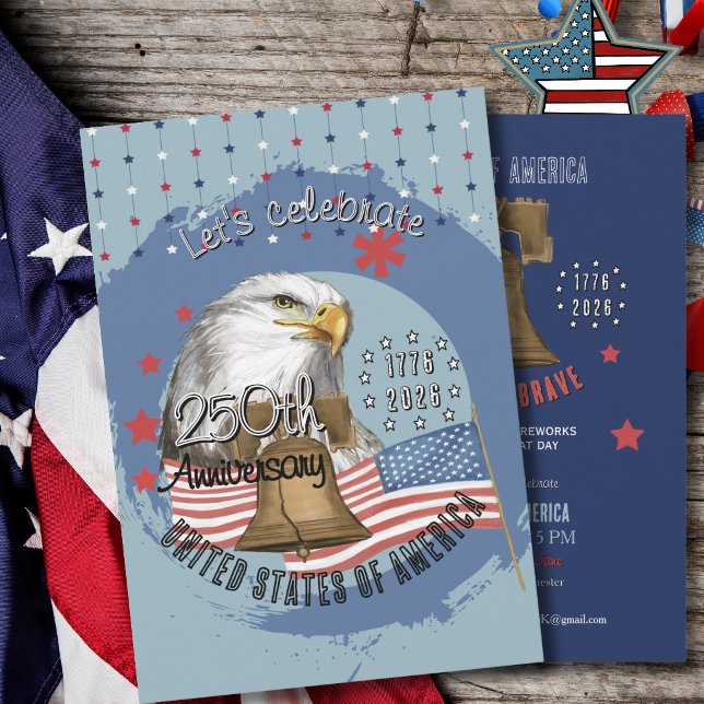 Convites Eagle & Liberty Bell US 250th Anniversary Blue (Vintage Eagle & Liberty Bell USA 250th Anniversary Invitation)