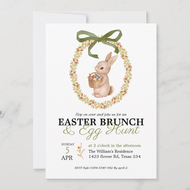 Convites Easter Brunch and Egg Hunt Bunny Floral Invitation (Frente)