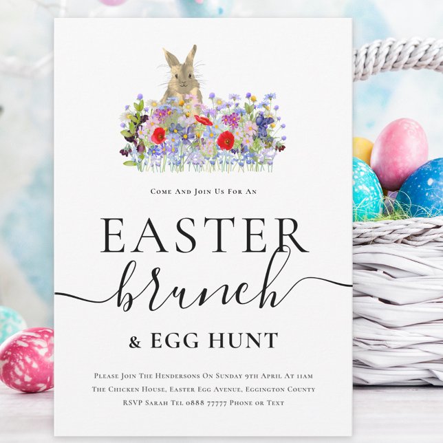 Convites Easter Bunny and Wildflowers Egg Hunt and Brunch (Easter brunch and egg hunt spring party invitation Cute bunny and watercolor wildflowers )