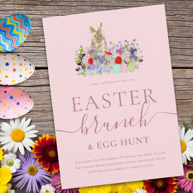 Convites Easter Bunny and Wildflowers Egg Hunt and Brunch (Easter brunch and egg hunt cute bunny watercolor wildflower spring party pink invitation )