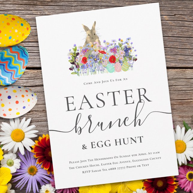 Convites Easter Bunny and Wildflowers Egg Hunt and Brunch (Easter brunch and egg hunt cute bunny watercolor wildflower meadow spring party invitation )
