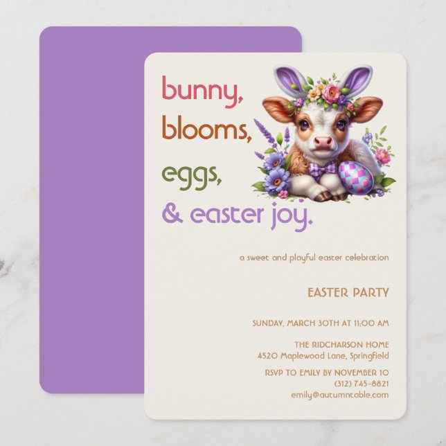 Convites Easter Bunny Cow Invitation | Kid easter party (Frente/Verso)