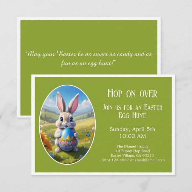 Convites Easter bunny | Egg Hunt  | Hop on over | green -  (Frente/Verso)