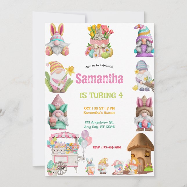 Convites Easter Egg Gnomes Birthday girls  (Frente)