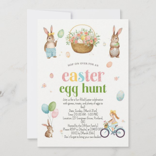 Convites Easter Egg Hunt Invitation - Cute Bunny Watercolor (Frente)