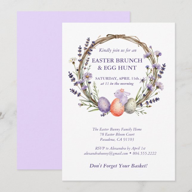 Convites Easter Egg Hunt Watercolor Lavender Cute Bunny (Frente/Verso)