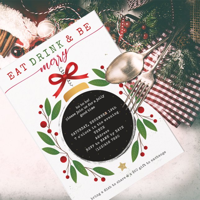 Convites Eat Drink and Be Merry Christmas Party Potluck (Modern Eat Drink and Be Merry Christmas Bauble Potluck Invitation Church Family Office Xmas Parties)
