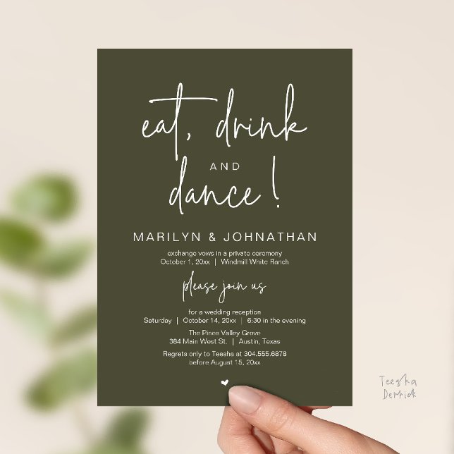 Convites Eat, Drink and Dance, Modern Wedding Reception (Eat, Drink and Dance, Modern Wedding Reception Dinner Party Invitation Card in olive green)
