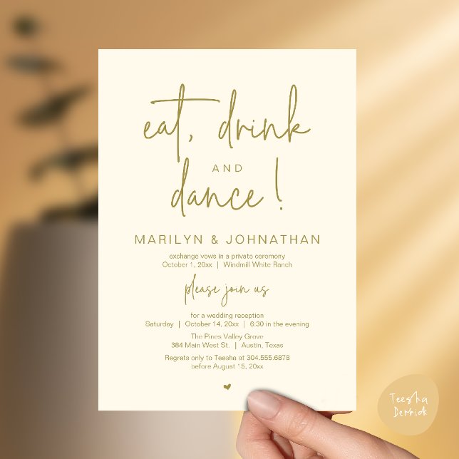 Convites Eat, Drink and Dance, Modern Wedding Reception (Eat, Drink and Dance, Modern Wedding Reception Dinner Party Invitation Card in yellow gold)
