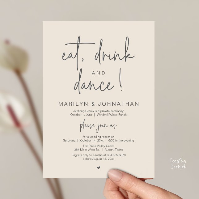 Convites Eat, Drink and Dance, Modern Wedding Reception (Eat, Drink and Dance, Modern Wedding Reception Dinner Party Invitation Card in cream grey)