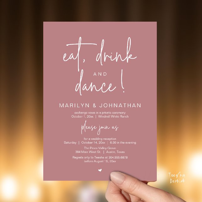 Convites Eat, Drink and Dance, Modern Wedding Reception (Eat, Drink and Dance, Modern Wedding Reception Dinner Party Invitation Card in dusty rose pink)