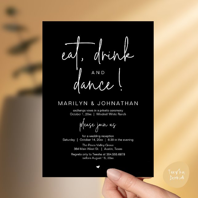 Convites Eat, Drink and Dance, Modern Wedding Reception (Eat, Drink and Dance, Modern Wedding Reception Dinner Party Invitation Card in black and white)
