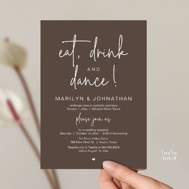 Convites Eat, Drink and Dance, Modern Wedding Reception (Eat, Drink and Dance, Modern Wedding Reception Dinner Party Invitation Card in dark taupe brown)