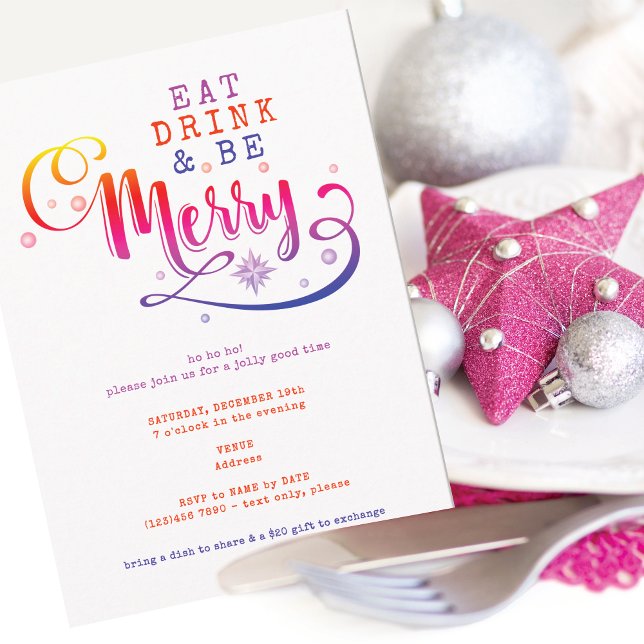 Convites Eat Drink Be Merry Pink Christmas Potluck (Pink Eat Drink and Be Merry Christmas Potluck Invitation for Church Family Office Xmas Parties)