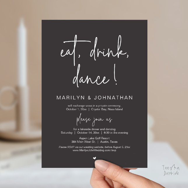 Convites Eat, Drink, Dance, Wedding Elopement Dinner Party  (Eat, Drink, Dance, Wedding Elopement Dinner Party Invitation Card in Charcoal Grey)