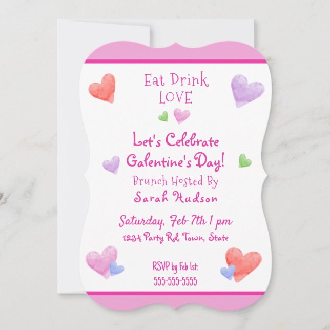Convites EAT DRINK LOVE Galentines Fun Watercolor Hearts (Frente)