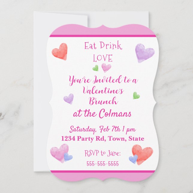 Convites EAT DRINK LOVE Valentines Watercolor Hearts (Frente)