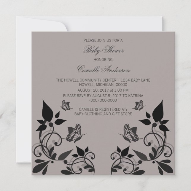 Convites Ebony Butterfly Floral Chá de fraldas Invite (Frente)