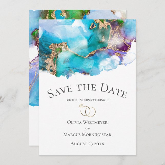 Convites Economize a Data Abstrato Turquesa Tinta Dourada d (Frente/Verso)